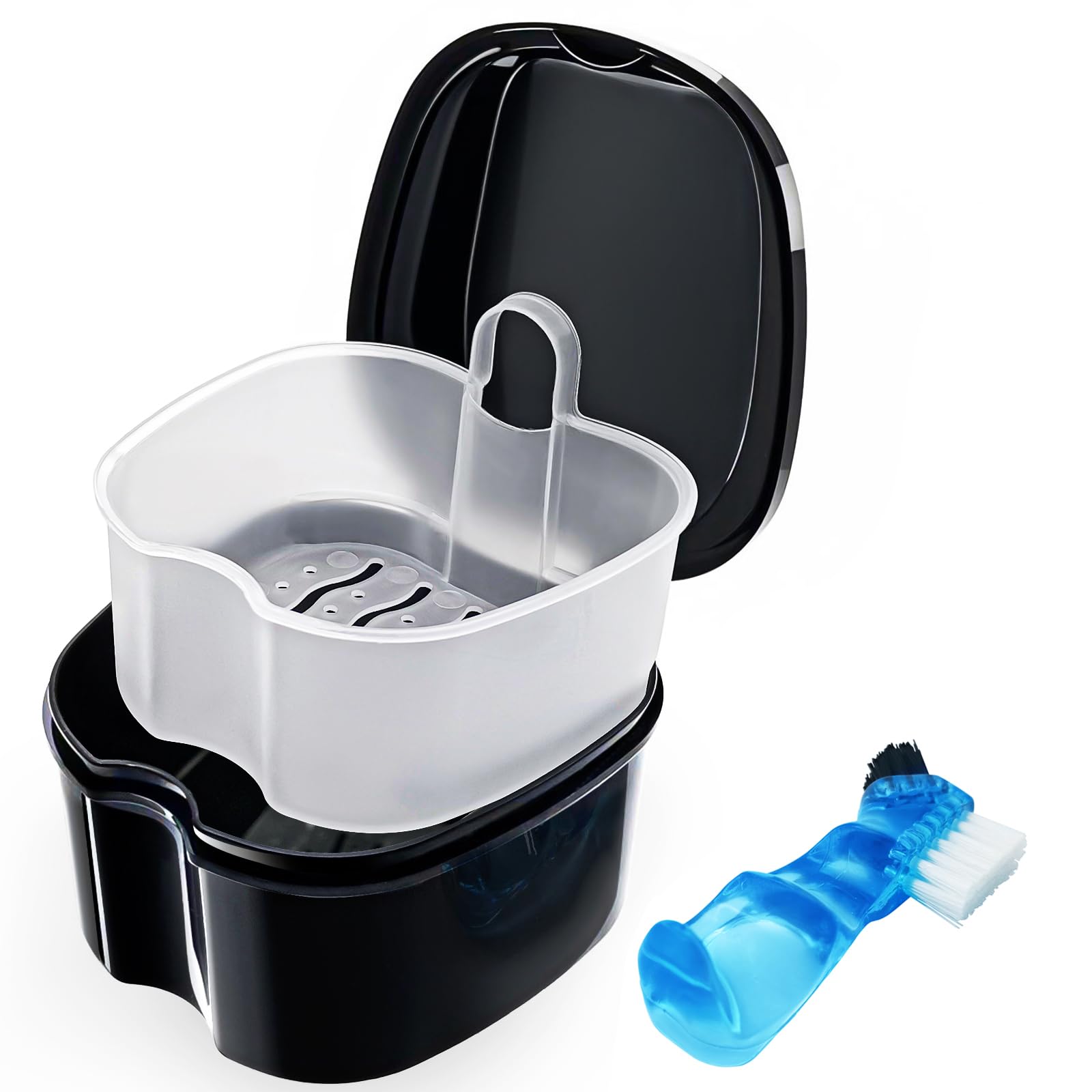 Photo 1 of Black Denture Soaking Container Partial Denture Case, Orthodontic Retainer Cleaning Case Denture Cleaner Container Dentures Teeth Cup with Strainer and Lid Waterproof