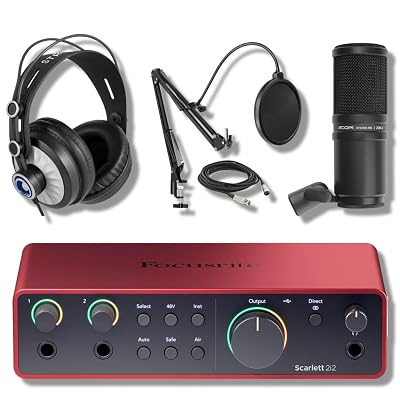 Focusrite Scarlett 2i2 4G with Zoom ZDM-1 Dynamic Podcast and Vocal Microphone, StreamEye Cans50 Studio Headphones and Microphone Boom Arm, XLR Cable and Pop Filter Bundle