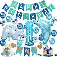 1st Birthday Boy Decorations Set High Chair Decoration First Bday Royal Boys Crown Hat, Happy Birthday Banner, ONE Cake Topper, Foil and Latex Balloons,Animal Balloons and More Decor Supplies Blue Gold Sea Theme