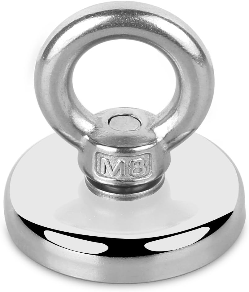 HHOOMY Fishing Magnet Super Strong Powerful Magnets N52 Powerful Round Neodymium Magnet with Countersunk Hole and Eyebolt, Great for Salvage and Magnetic Fishing (N48mm(85KG))