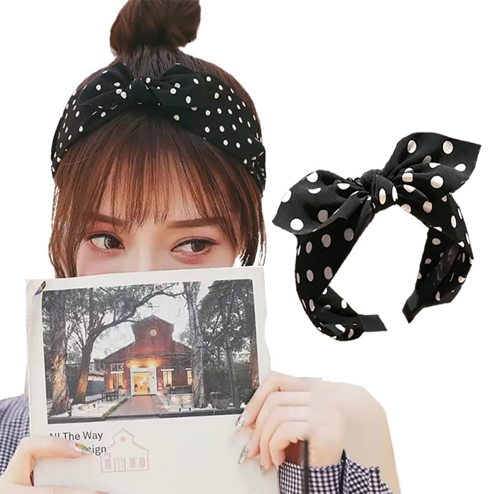 Hair Band for Women Girls Ladies Head Band Polka Dot Hair Bow for Women Rabbit Ears Headband for Women Bow Headbands for Girls (Black)