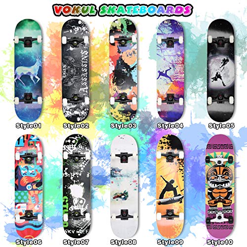 VOKUL Complete Skateboard for Kids Boys Girls Beginners - 31" X 8" inch Standard Skateboard with 7 Layer Maple Double Kick Concave Cruiser Skateboard with Beauty Pattern for Kids Youths Adults