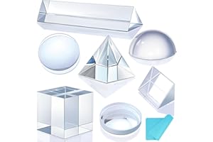 7 PCS K9 Optical Crystal Prism & Lens Set, 50mm Cube/Pyramid/Dome/Right-Angle/150mm Equilateral Prism, Biconvex/Biconcave Len