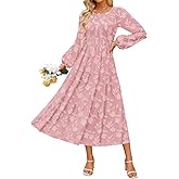 ZESICA Women's Fall Boho Floral Midi Dress 2026 Casual Long Sleeve Crewneck Flowy Wedding Guest Long Dresses