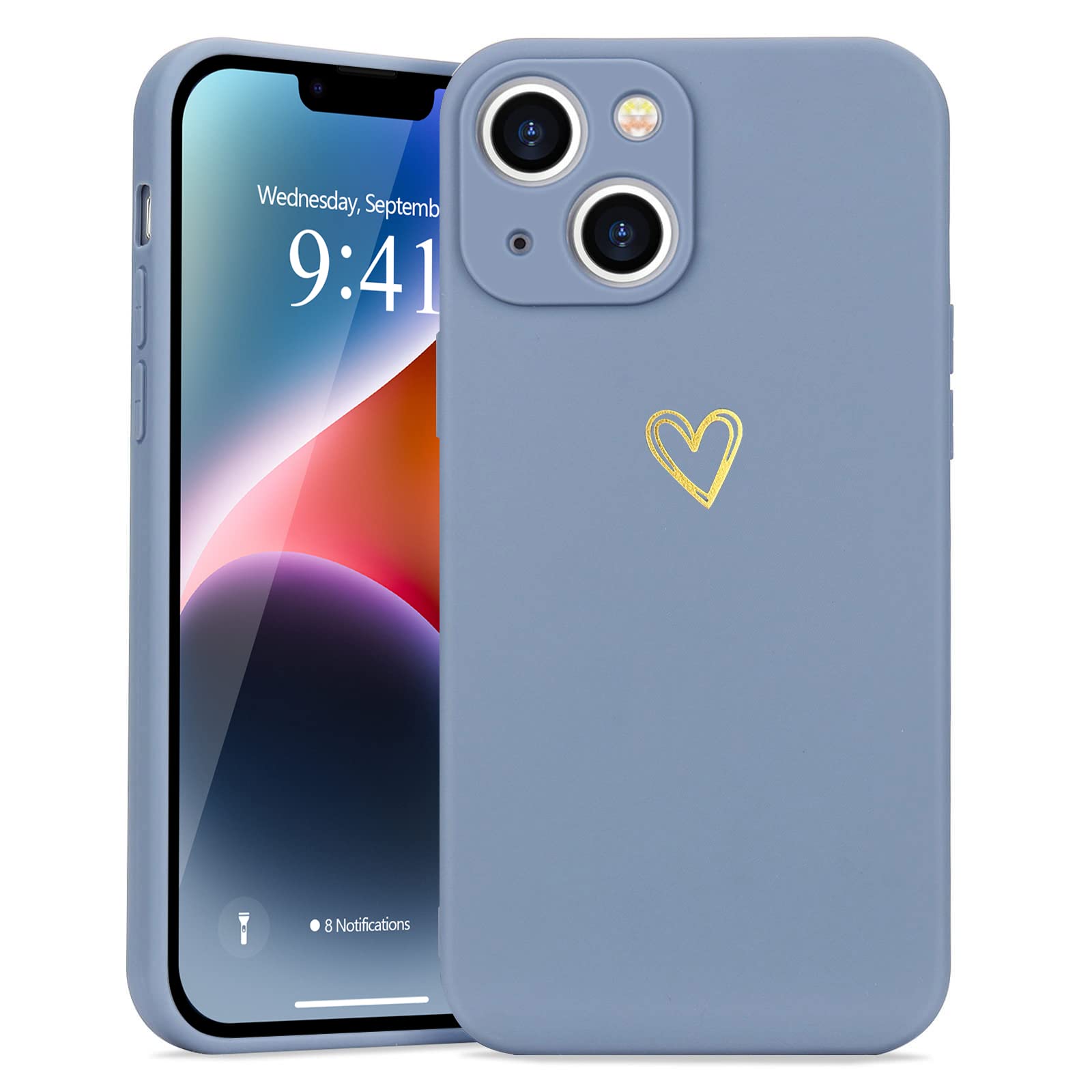 Wirvyuer for iPhone 14 Case with Cute Heart Pattern Soft Shockproof Protective Silicone Phone Case for Women Girls, Blue Grey — image 1