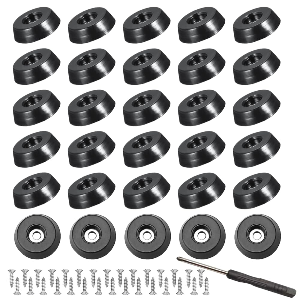 RXKFIGX Pack of 30 Black Rubber Non-Slip Feet with Screws, Round Shape, 25 x 23 x 9 mm, Shock Absorption, For Furniture, Electronics & More