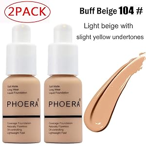 2 Pack Phoera foundation, Brighten Highlighting Matte Oil Control Concealer Facial Blemish Concealer Color Changing Foundation for Women Girls，104 Buff Beige-30ml