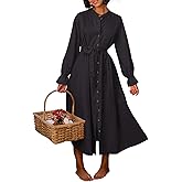 Paintcolors Women's Long Sleeve Maxi Dress Casual Button Down V Neck Flowy Belted Tie Waist A-Line Loose Shirt Swing Dresses