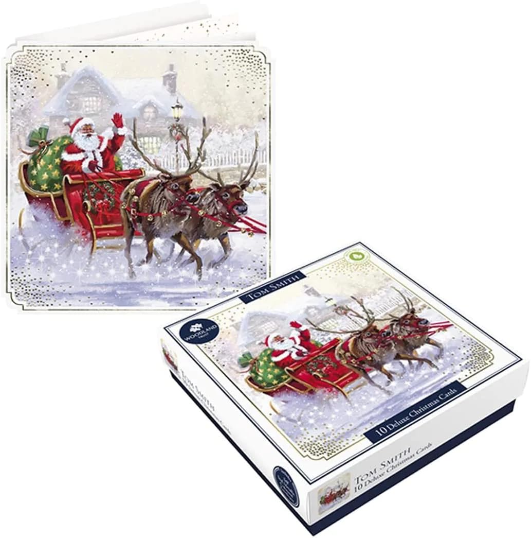 Tom Smith 10 Boxed Deluxe Square Christmas Cards Santa & Sleigh Design