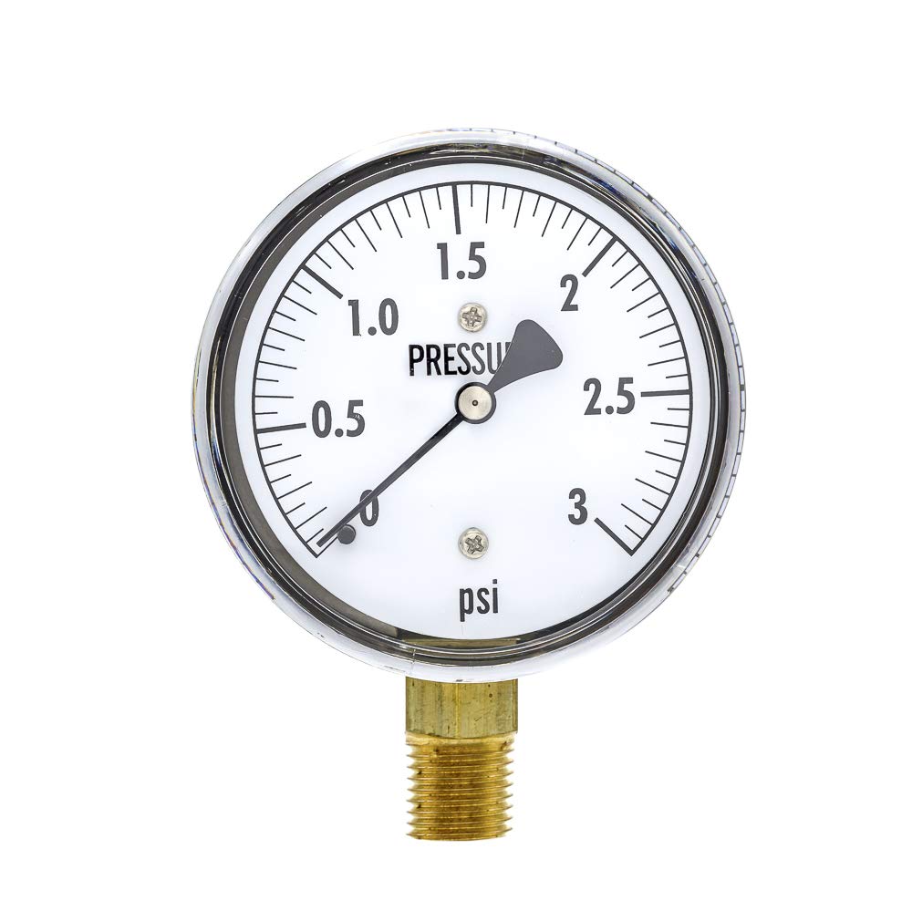 PIC Gauges LP1-254-3PSI 2.5" Dial, 0/3 psi Range, 1/4" Male NPT Connection Size, Bottom Mount Dry Non-Fillable Low Pressure Gauge with a Chrome Case, Brass Internals, and Plastic Lens