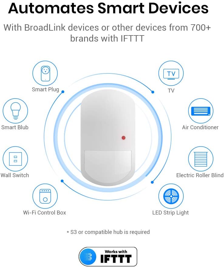 BroadLink Smart Motion Sensor, PIR for Home Automation, Works with IFTTT and Alexa Routines. Wireless Trigger Smart Home Devices and Scenes, Occupancy Lighting, S3 hub Included - - 