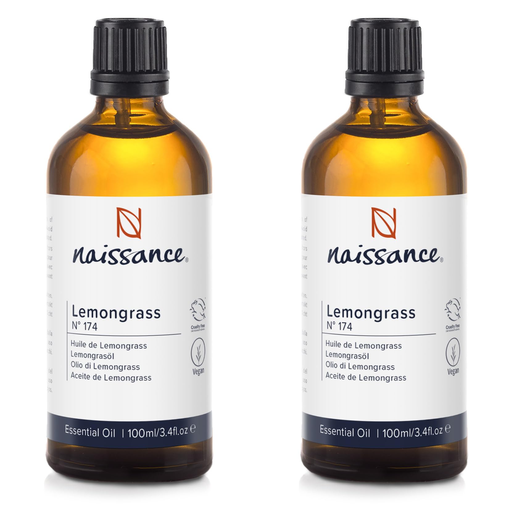 Naissance Lemongrass (Flexuosus) Essential Oil (No.174) - 200ml (2 x 100ml) - Pure, Natural, Steam Distilled, Cruelty Free, Vegan & Undiluted - to Use in Aromatherapy & Diffusers