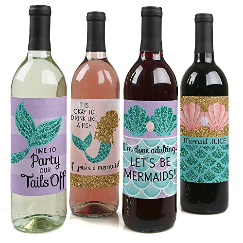 Let's Be Mermaids - Baby Shower or Birthday Party Wine Bottle Labels - Set of 4