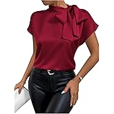 Milumia Women's Bow Tie Mock Neck Cap Sleeve Satin Blouse Office Shirts