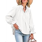 Tankaneo Womens Puff Long Sleeve Button Down Shirts Pleated V Neck Cotton Blouses Loose Fit Casual Ruffle Tops
