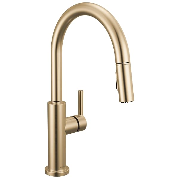 DELTA FAUCET NICOLI KITCHEN FAUCET WITH PULL DOWN SPRAYER, CHAMPAGNE GOLD MODERN, SINGLE HOLE KITCHEN FAUCET, CHAMPAGNE BRONZE 19867LF-CZ
