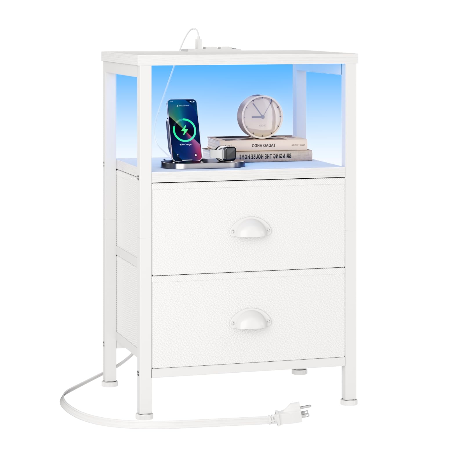 Photo 1 of Furologee Nightstand with Charging Station, End Table with LED Lights, Bedside Table with Fabric Drawers and Storage Shelf, White Night Stands for Living Room/Bedroom