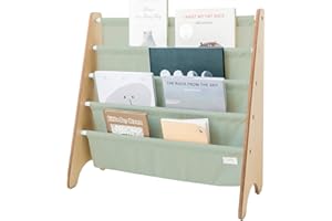 3 Sprouts Recycled Fabric Kids Bookshelf – 4-Tier Sling Book Rack Organizer - Nursery Room Playroom Classroom Wooden Book Shelves - Kid Bookcase Wood Storage Shelf for Toddler Age 3+ - Solid Green