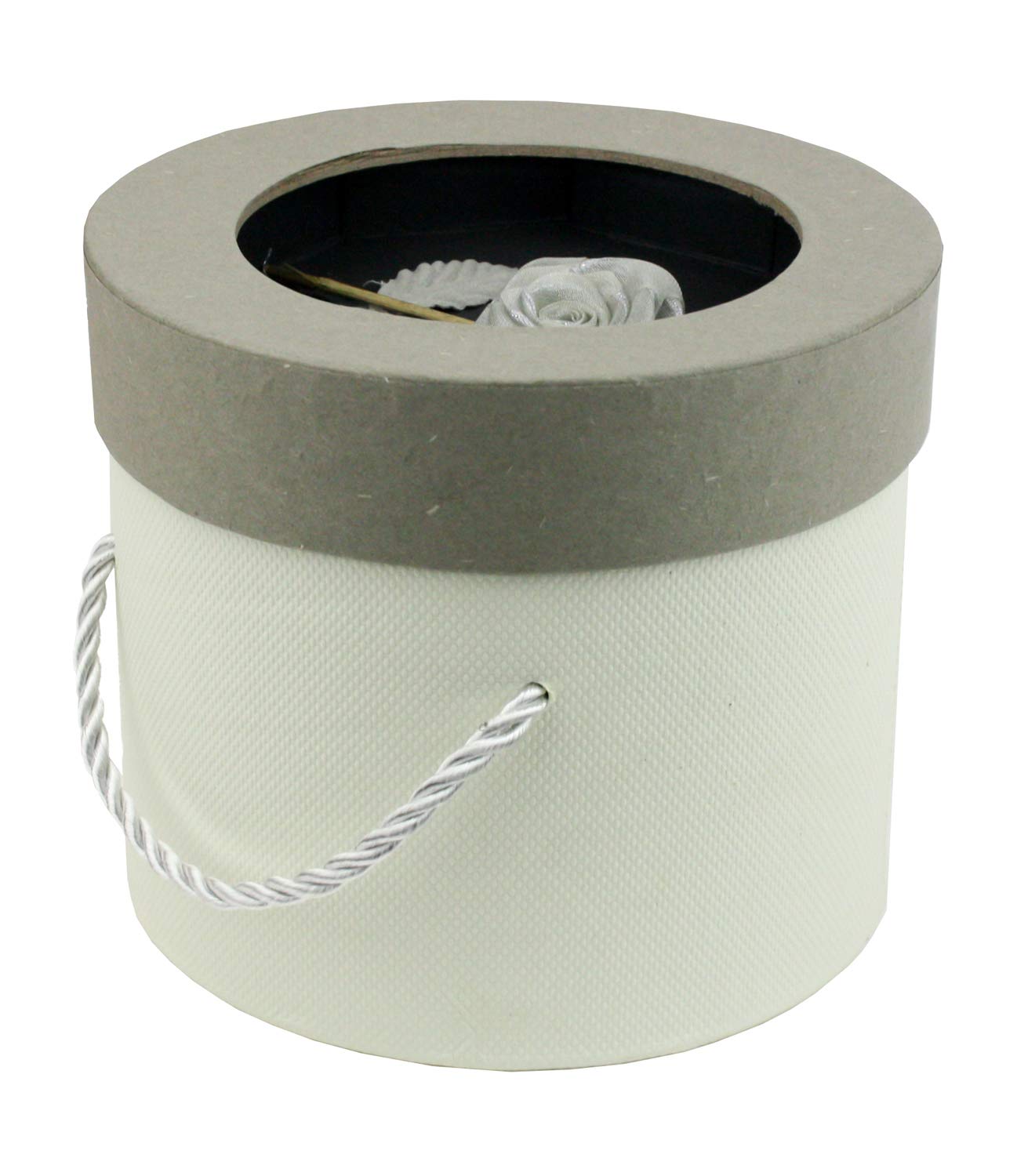 Emartbuy Rigid Luxury Round Shaped Presentation Gift Box, 13.8 x 8.5 cm, Cream Box with Grey Lid, Chocolate Brown Interior and With Rose Flower Decoration