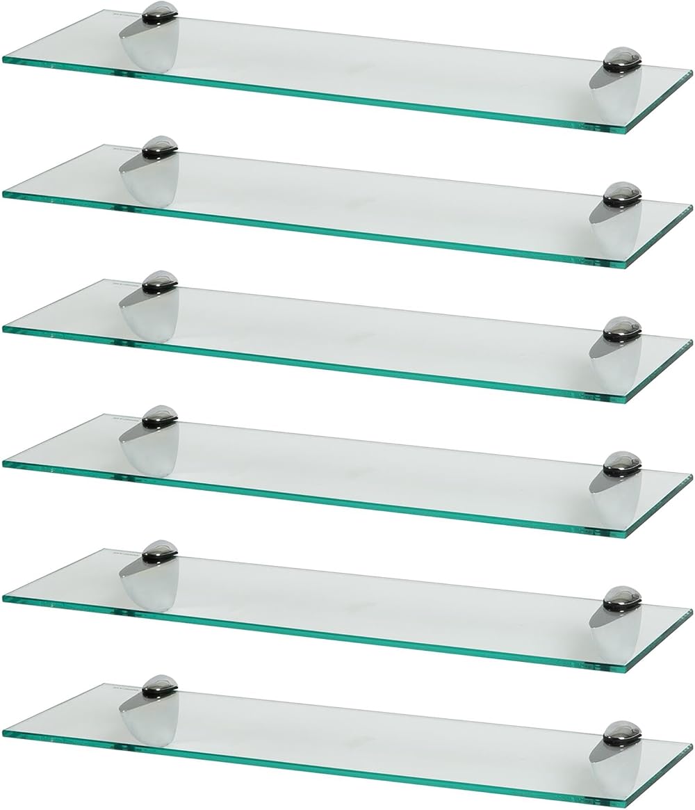 Harbour Housewares 60cm Floating Glass Wall Shelves Pack of 6 with Silver