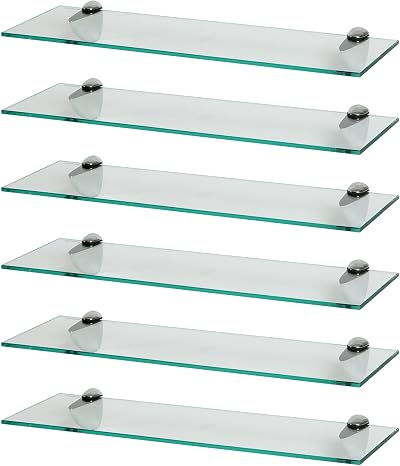 Harbour Housewares 60cm Floating Glass Wall Shelves Pack of 6 with Silver