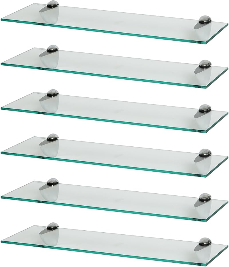 Harbour Housewares 60cm Floating Glass Wall Shelves Pack of 6 with Silver