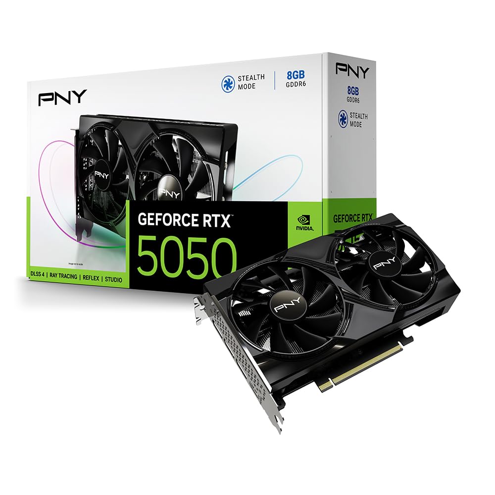 PNY NVIDIA GeForce RTX™ 5050 Dual Fan, Graphics Card (8GB GDDR6, 128-bit, SFF-Ready, PCIe® 5.0, HDMI®/DP 2.1, 2-Slot, NVIDIA Blackwell Architecture, DLSS 4)
