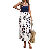 Mieazom Women's Sleeveless Pleated Maxi Dress Boho Floral Print Summer Sundress High Waist Flowy A-Line Casual Dress