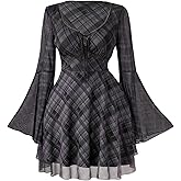 BEAUDRM Women's Plus Size Fall Plaid Mini Dress Long Bell Sleeve Tie Front Flowy Date Night Dress