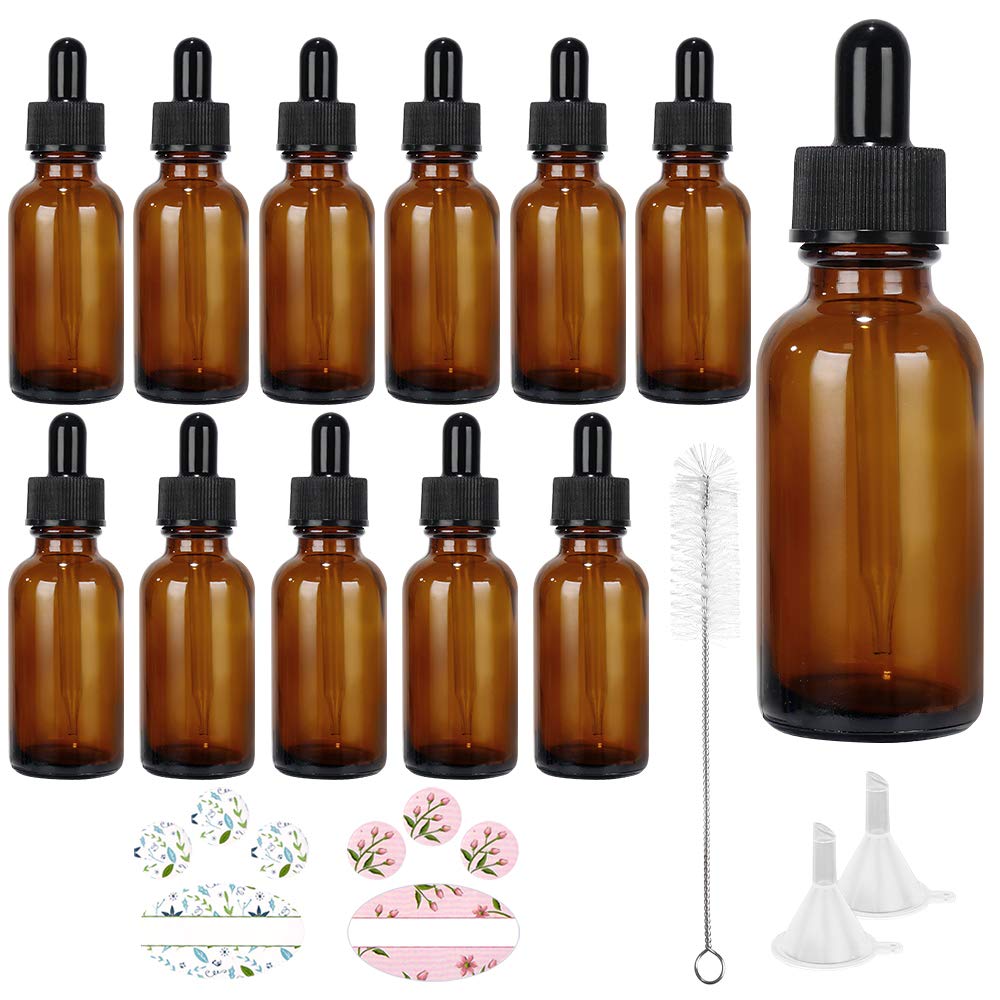 CycleMore 1oz 30ml 12 Pack Amber Glass Boston Bottles with Glass Eye Droppers, Glass Dropper Bottles for Essential Oils & Lab Chemicals & More Liquids (1 Brush, 2 Funnels and 24 Labels Included): Industrial & Scientific