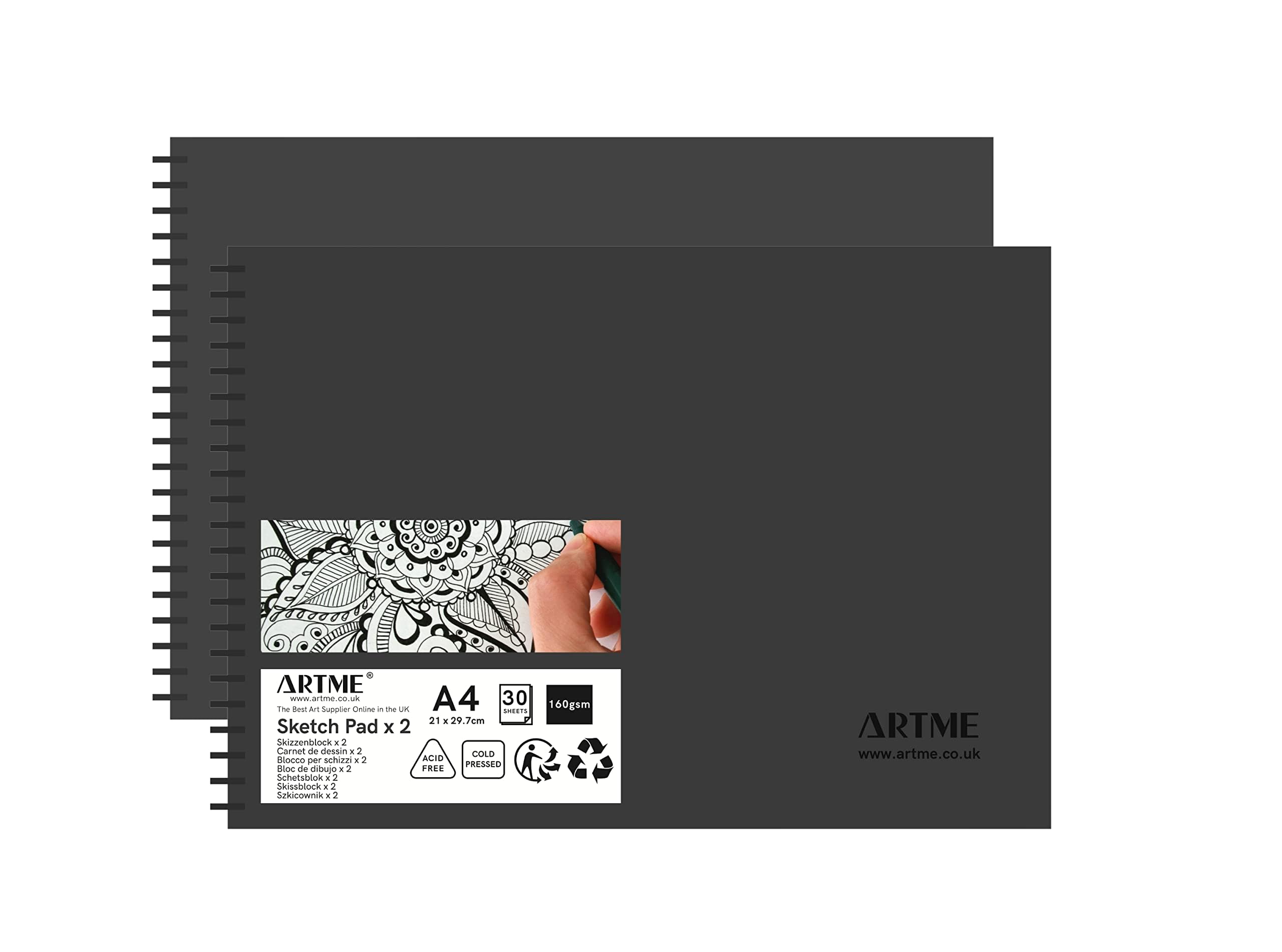 ARTME A4 Landscape Sketch Pad 2pcs, 160gsm Thick Paper Sketchbook, 30 Sheets Spiral Bound Drawing Pad, Acid Free Art Sketchbook for Pencil, Marker & Charcoal