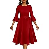 Nmoder Women's Cocktail Dresses - Vintage Bell Sleeve Wedding Geust Tea Party Midi Dress with Belt Red Medium