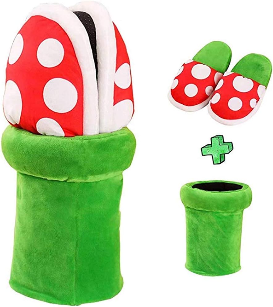Super Mario Plush Slippers Suit Home Wear Piranha Plants Cosplay Dot Pattern Shoes with Pipe Pot Holder-One Size for…