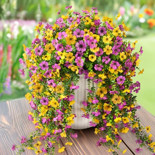 ZFProcess Artificial Hanging Flowers Plants for Outdoor Spring Summer Decoration,2PCS Faux Silk Daisy UV Resistant Look Real for Outside Home Indoor Planter Porch Window Yard Decor(Yellow Purple)