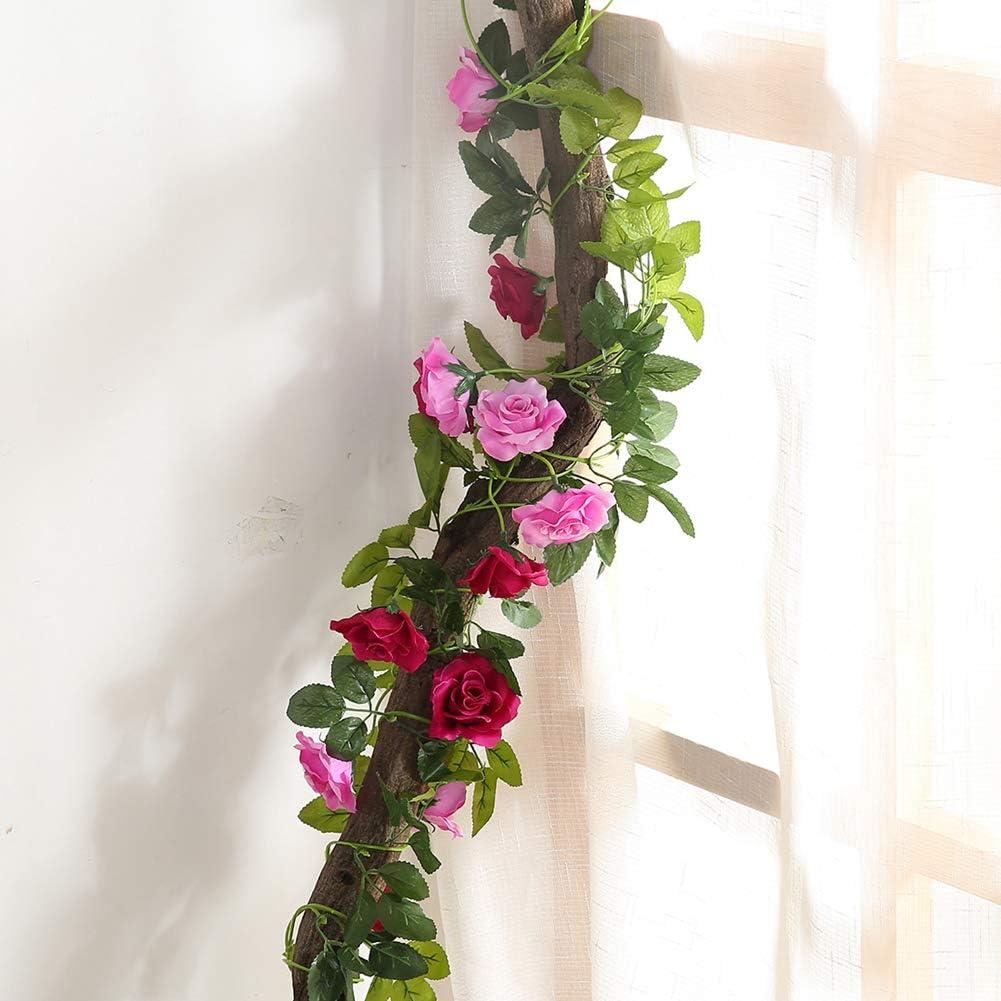 JUSTOYOU 2pcs 7.8FT Double Color Artificial Fake Rose Garland Vines Hanging Silk Flowers Artificial Flower for Outdoor Indoor Wedding Wall Badroom Decoration(Magenta) - Image 3