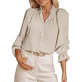 Tankaneo Womens Puff Long Sleeve Button Down Shirts Ruffle Mock Neck Blouses Dressy Casual Loose Fit Tops