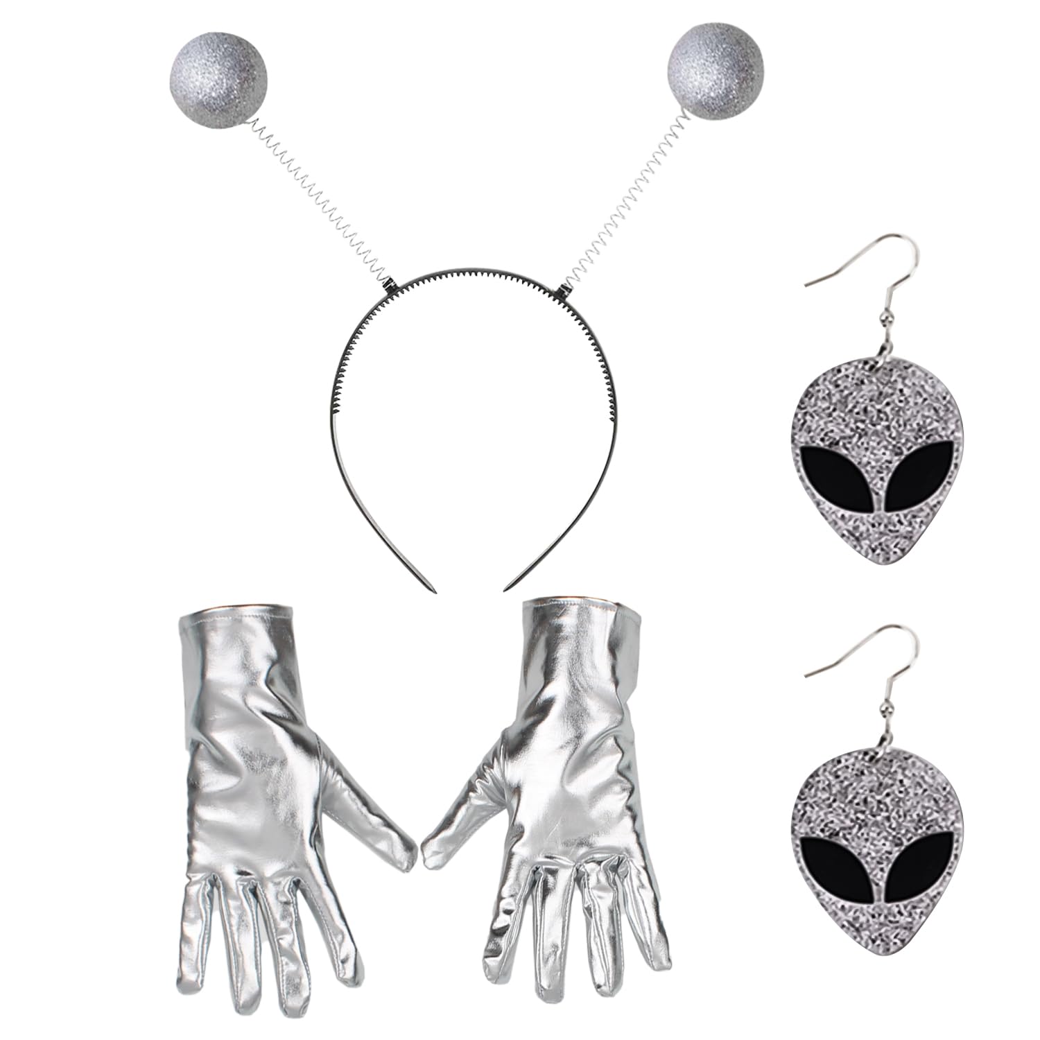 RmKbe 3pcs Alien Set Costume Glitter Ball Boppers Headband Silver Costume Gloves Alien Earrings Halloween Alien Party Favor Supplies for Women Adult