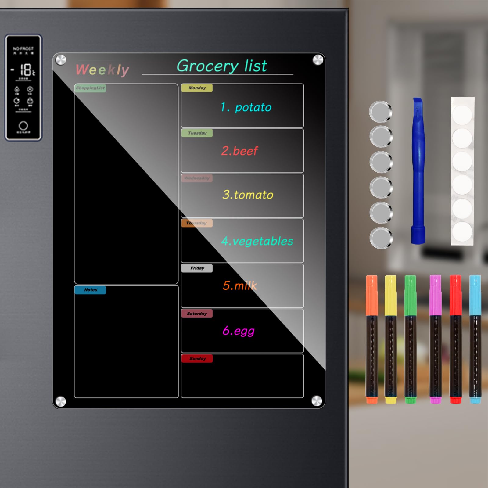 Acrylic Magnetic Calendar for Refrigerator, 12"x16" Black Fridge Calendar Dry Erase Planning Boards Weekly Planner