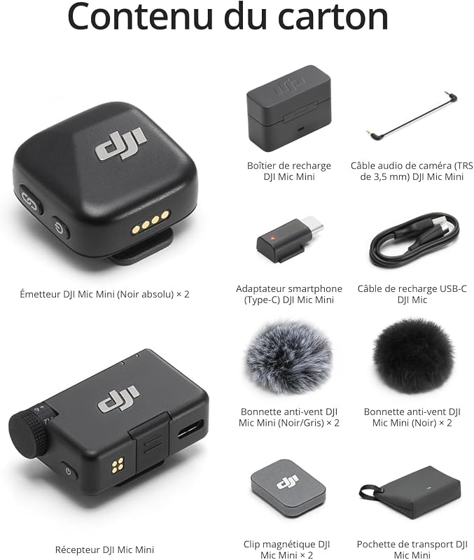 Mic Mini (2 TX + 1 RX + Boîtier de recharge), ultra-léger, audio de HQ