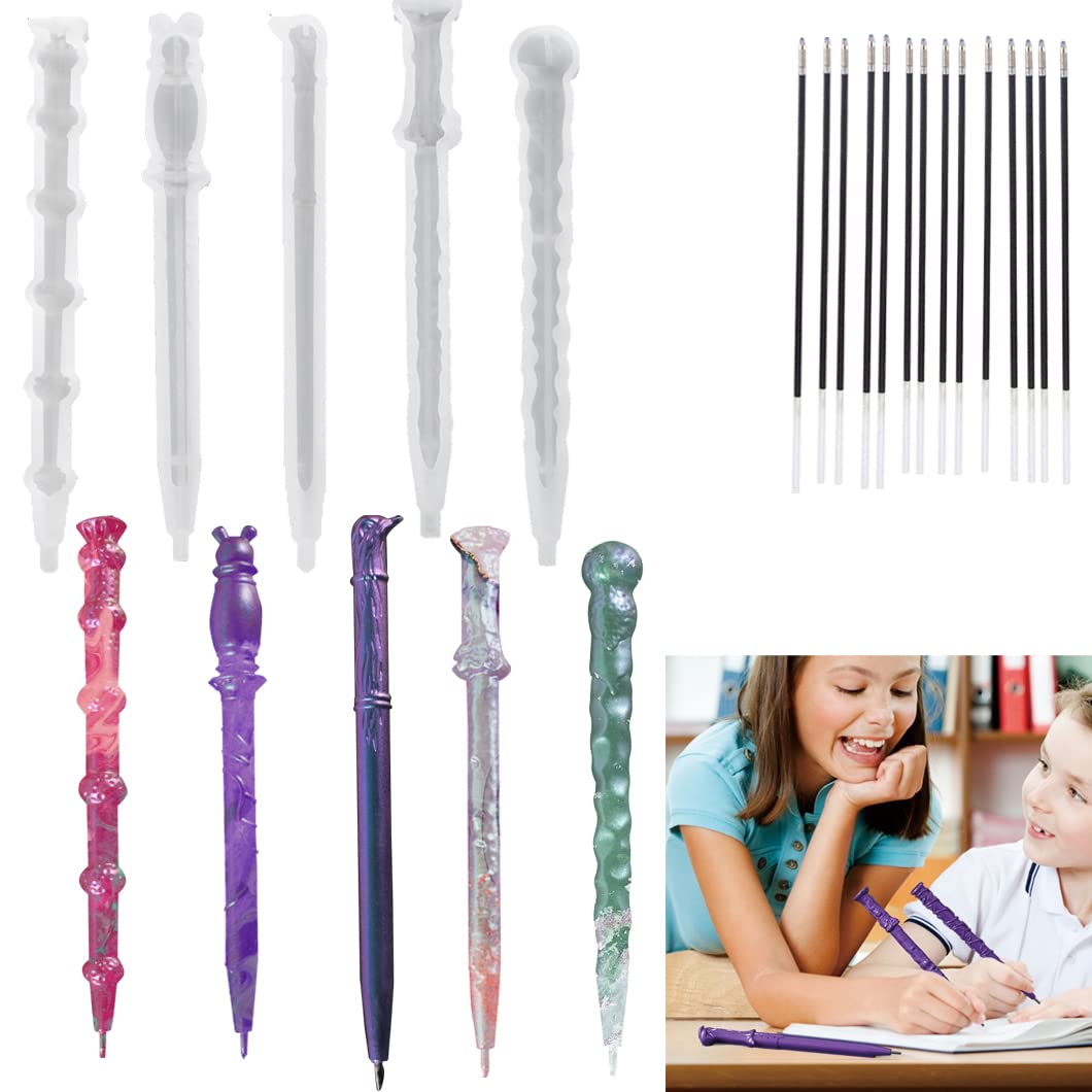 Koonafy 5pcs Pen Shape Resin Molds + 15pcs Refills, Ballpoint Pen Silicone Molds, Epoxy Casting Mold, Irregular Ballpoint Mould for DIY Pen Craft and Teacher Student School Present Art