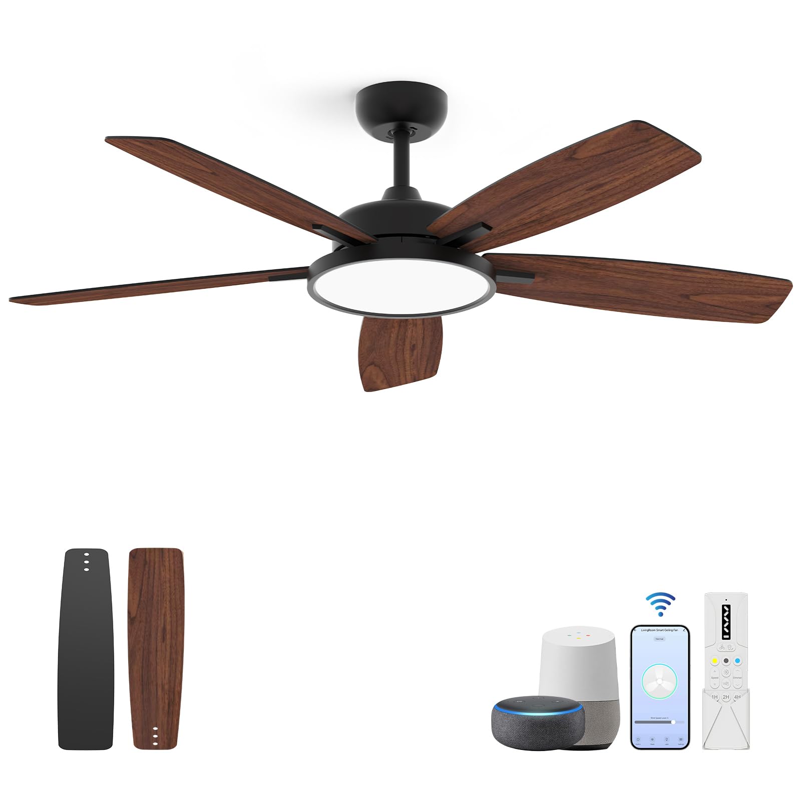 Photo 1 of Roomratv 52 Inch Smart Ceiling Fan with Light,App Control,Ultra Silent Reversible DC Motor Fan Remote Control Compatible with Alexa Google home?black?