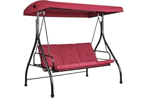 VEVOR 2 in 1 Outdoor Porch Swing for Adults, 3-Seat Patio Swing Chair with Adjustable Canopy & Cushions for Backyard, Garden, Poolside, Burgundy