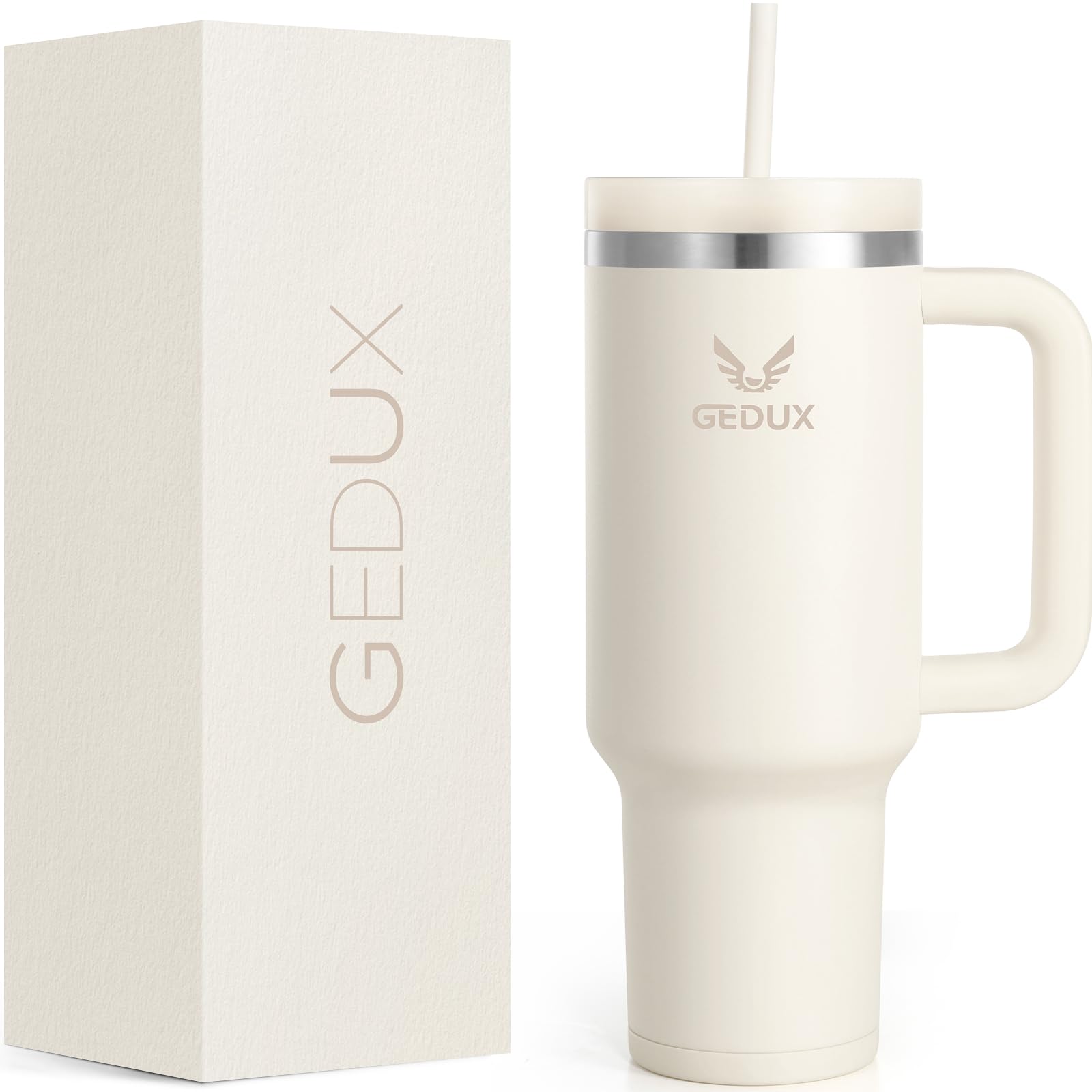 View 1 of (MISSING STRAW) Gedux 40oz Tumbler With Handle, 2-IN-1 Leak Proof Lid (Straw/Flip), Insulated Water Bottle, Stainless Steel Tumbler with Non-Slip Silicone, Wide Mouth Travel Mug Cupholder Friendly Dishwasher Safe