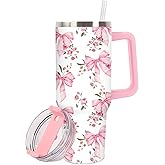 JarThenaAMCS 40oz Valentine Coquette Pink Bow Tumbler with Handle Lid and Straw Watercolor Floral Bowknot Tumbler Pink White Flower Stainless Steel Cup for Women Friend Holiday Birthday Travel