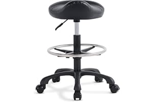LILFURNI Saddle Makeup Rolling Chair for Medical Massage Salon Kitchen,Adjustable Hydraulic Stool with Wheels with Black Lift(Black, with Foot Ring, Without Backrest)