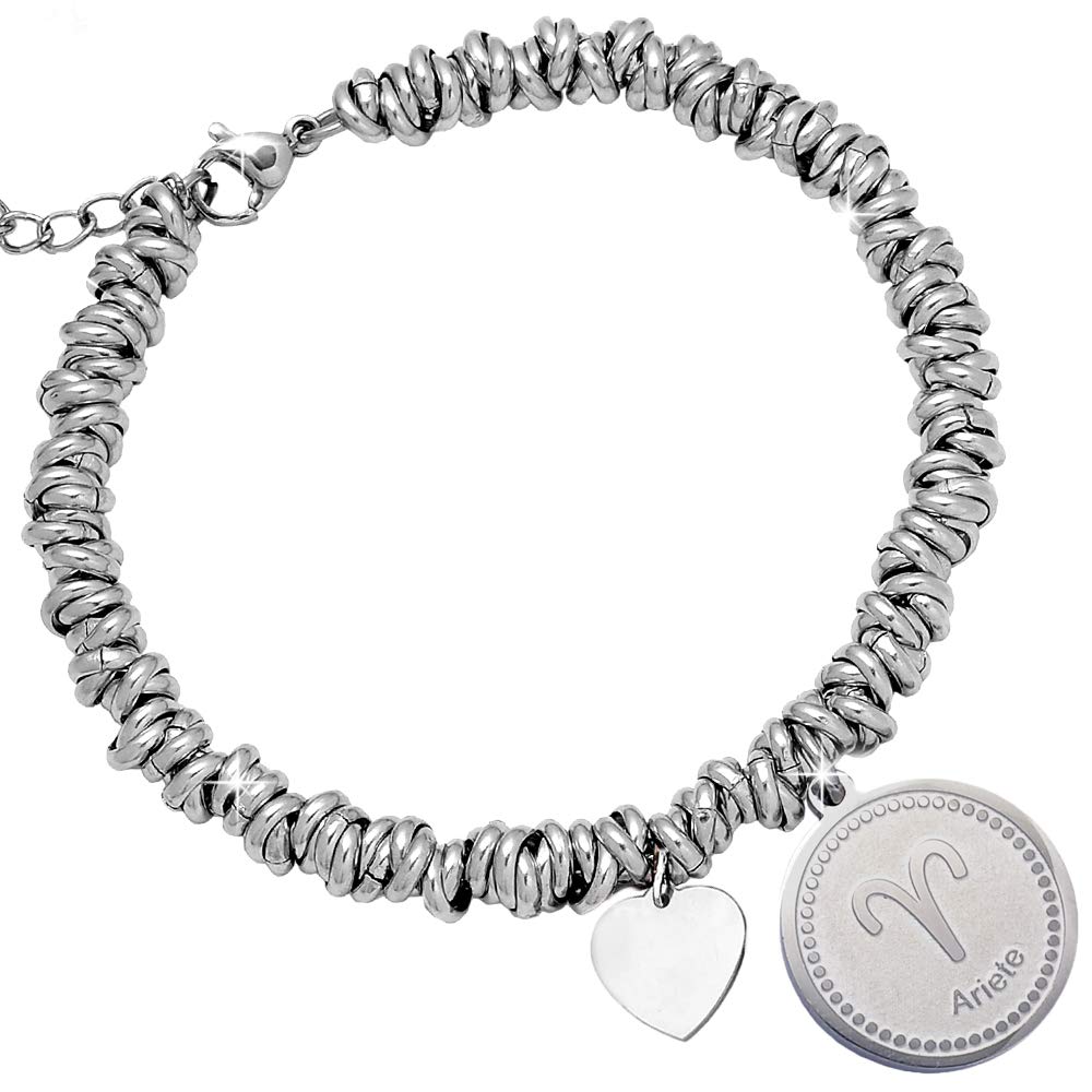 Beloved Women's Steel Zodiac Bracelet with Knot - 3D Embossed Polished Zodiac Sign - Satin Pendant Base - Adjustable Size with Lobster Clasp - Aries