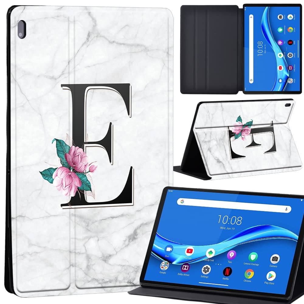 Case For Lenovo Tab M10 FHD Plus 10.3 inch (TB-X606X TB-X606F) Leather Case with Auto Wake-up, Flip Case for Lenovo Tab M10 FHD Plus Cover (letter E on white marble)