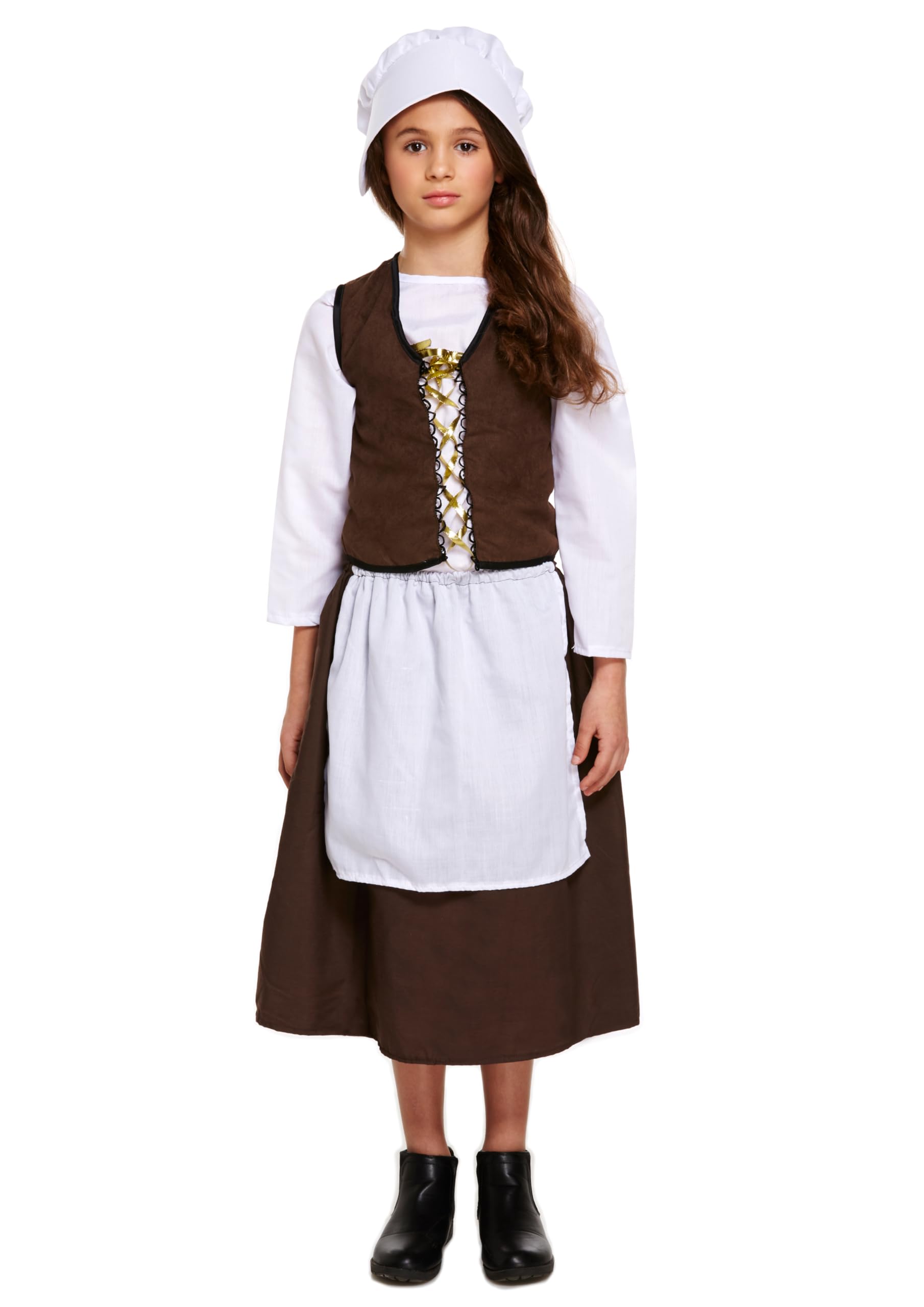 HENBRANDT Children’s Victorian Maid Costume with Hat Victorian Era School History Book Day Street Urchin Kids Outfit Size Large Ages 10-12 Halloween Fancy Dress for Girls