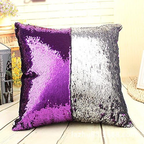 Houtemy Sofa Throw Pillow Covers Reversible Paillette Sequin Mermaid Pillow Case Cushion Pillowslip with Invisible Zipper Gorgeous Cafe Home Decor for New Year - 16" x 16" - Purple and Silver