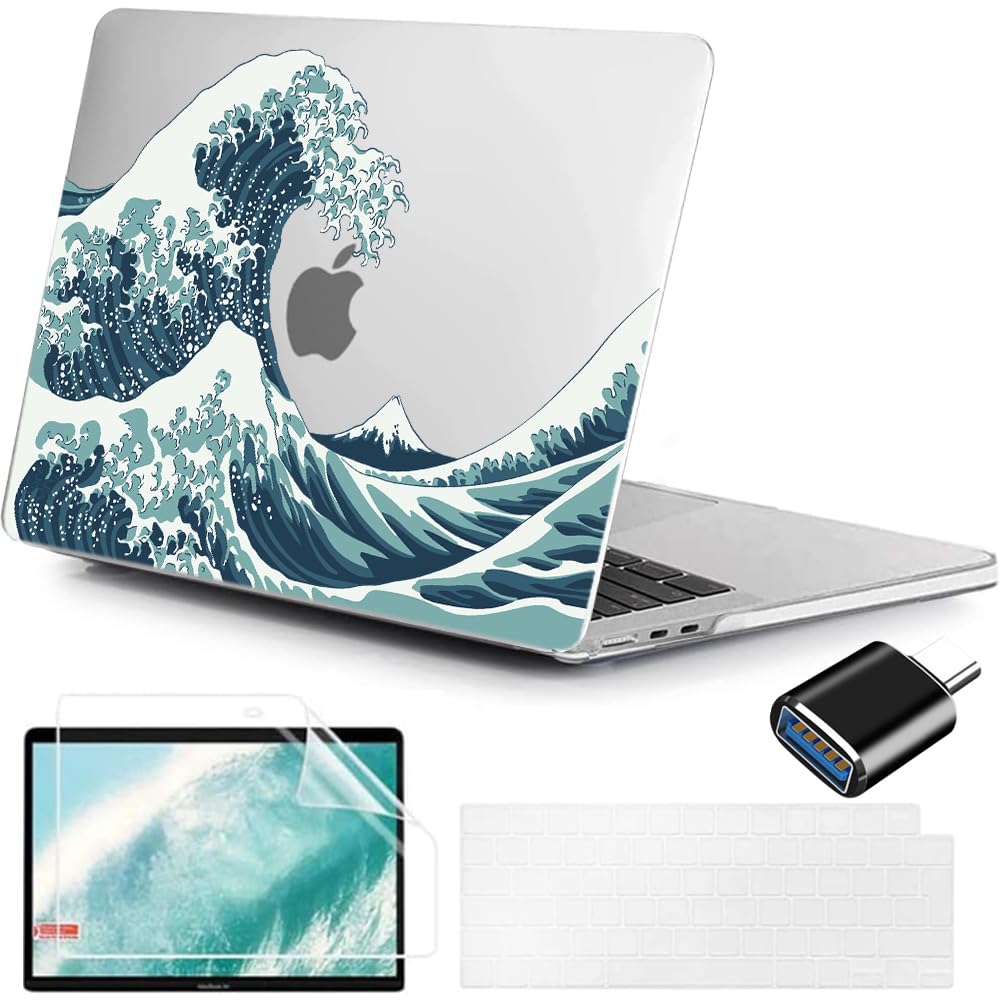 MUSHUI for MacBook Air 13.6 inch Case 2025 2024 2023 2022 M4 M3 M2, Ultra-Thin UV-Printed Hard Shell Cover for MacBook Air 13.6" A3240 A3113 A2681, Keyboard Cover & Screen Protector, Japan Waves